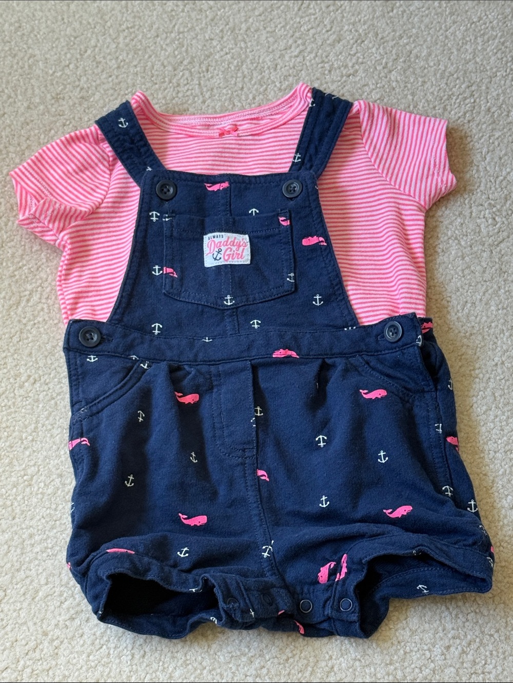 Carter's Navy Anchor Overall Romper with Pink Stripe Tee
